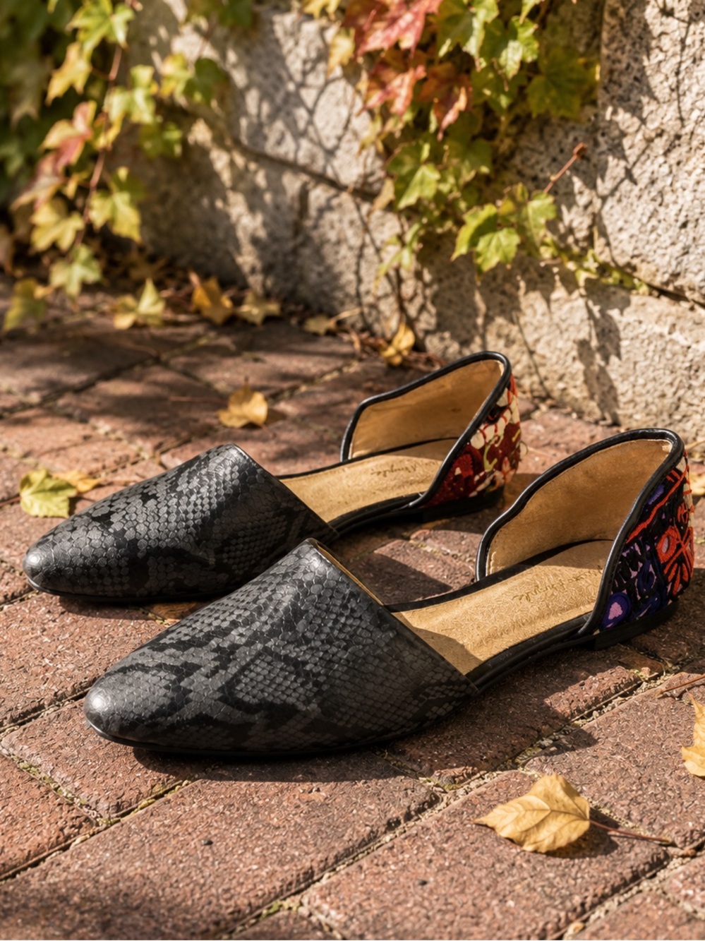 FREE PEOPLE Rajah D'Orsay Reptile Print Leather and Textile Boho Flats, 37